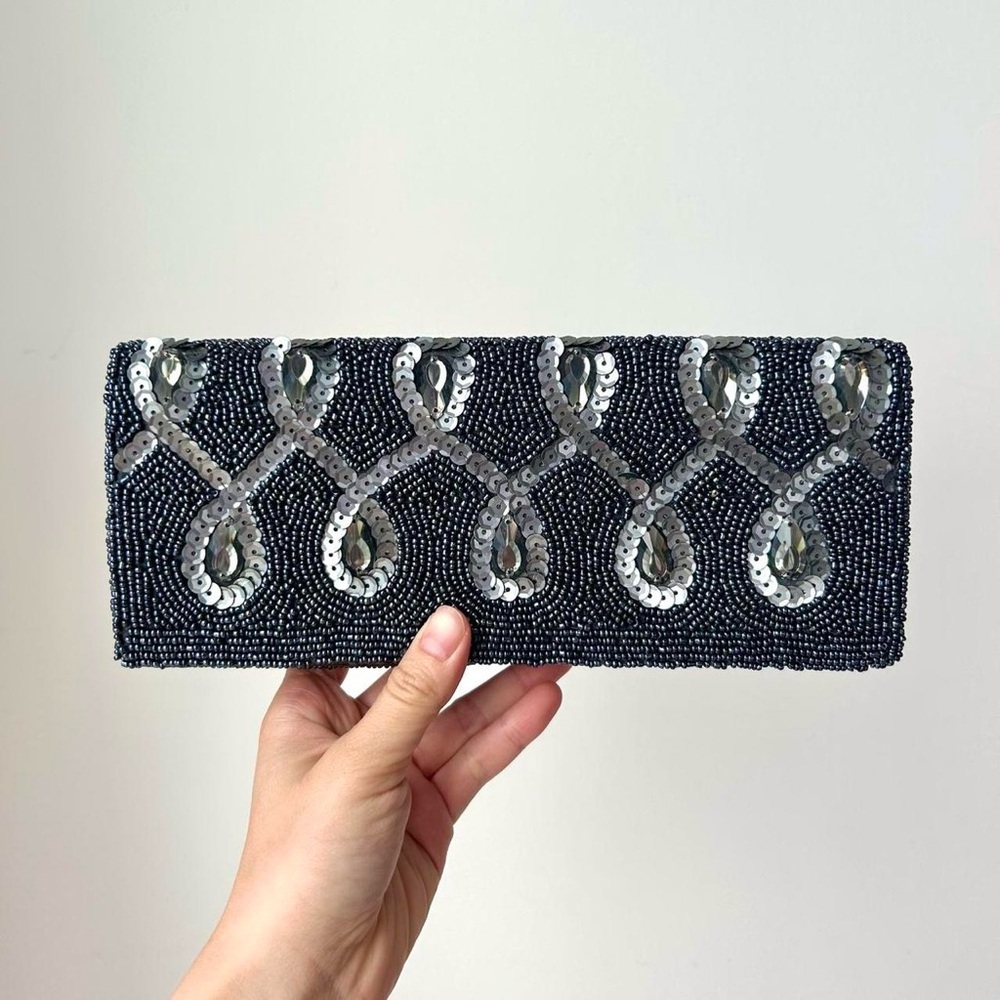 Blue Beaded Clutch Bag with Crossbody Strap
